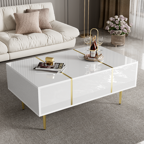 Table Basse Brillante Avec 2 Tiroirs Blanc