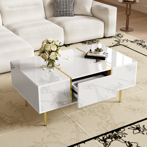 Table Basse Brillante Avec 2 Tiroirs Blanc