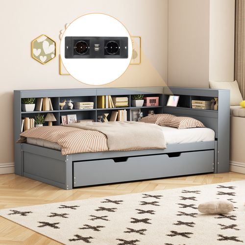 Lit Gigogne 90x190/200cm Avec USB Et Rangements, Gris