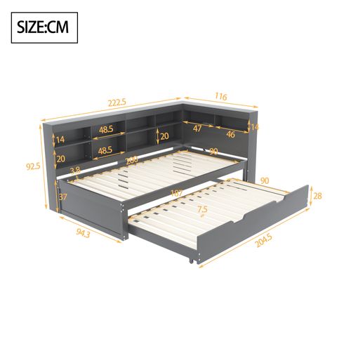 Lit Gigogne 90x190/200cm Avec USB Et Rangements, Gris