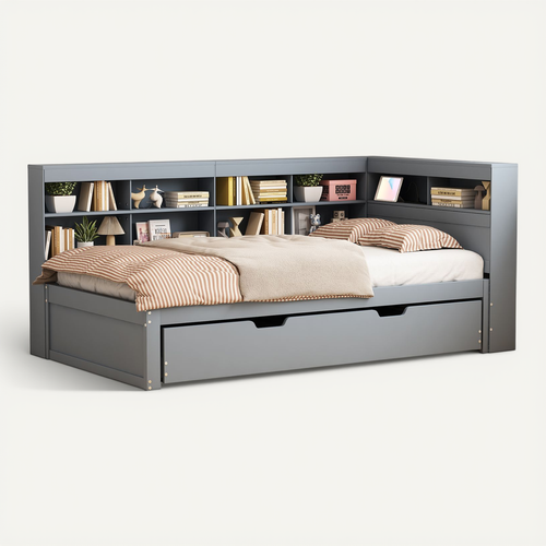 Lit Gigogne 90x190/200cm Avec USB Et Rangements, Gris
