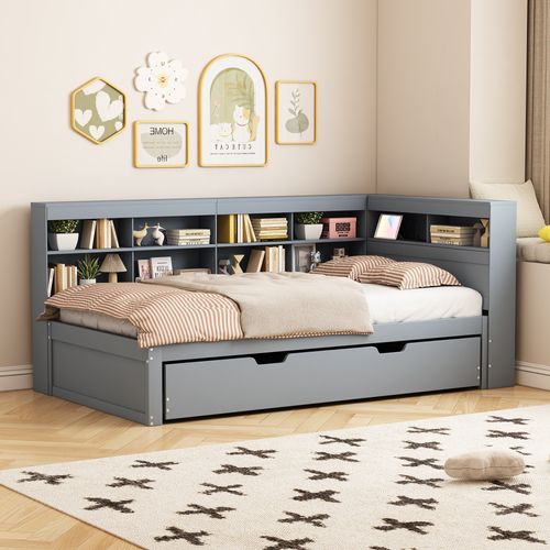 Lit Gigogne 90x190/200cm Avec USB Et Rangements, Gris