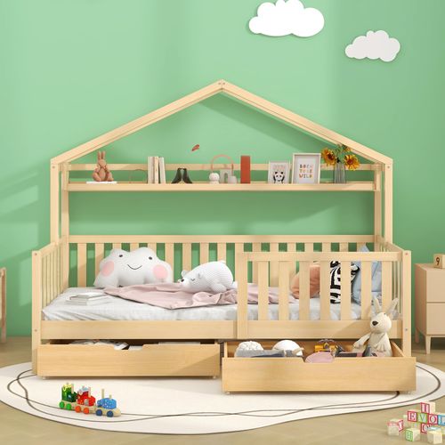 Lit Enfant 90x200 Cm Maison Avec 2 Tiroirs Et Sommier, Bois