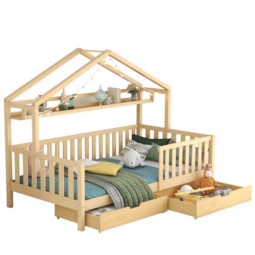 Lit Enfant 90x200 Cm Maison Avec 2 Tiroirs Et Sommier, Bois
