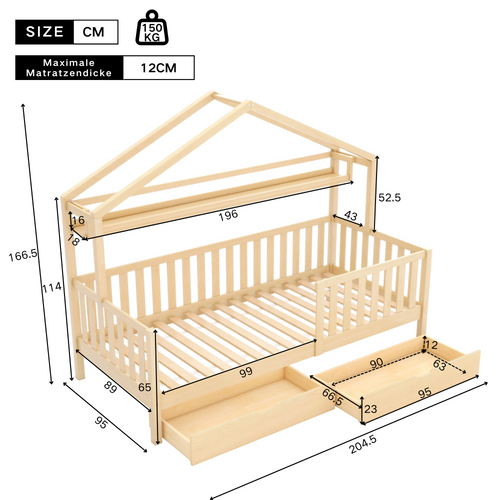 Lit Enfant 90x200 Cm Maison Avec 2 Tiroirs Et Sommier, Bois