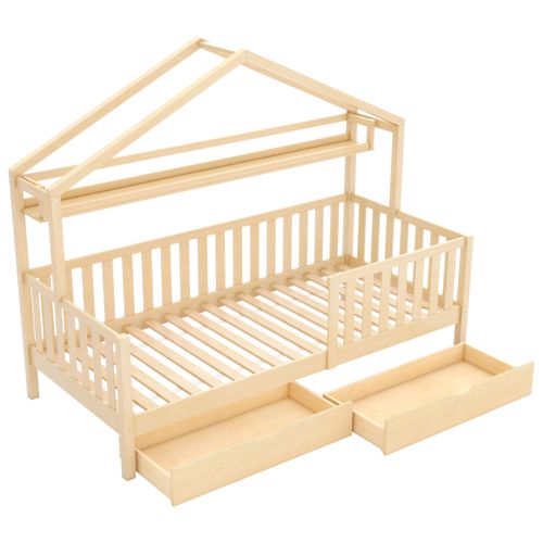 Lit Enfant 90x200 Cm Maison Avec 2 Tiroirs Et Sommier, Bois