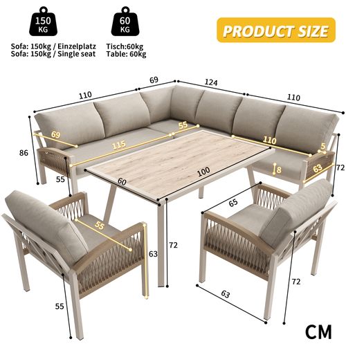 Salon De Jardin 8 Places Avec 1 Canapé D'angle, 1 Table Et 2 Fauteuils Beige