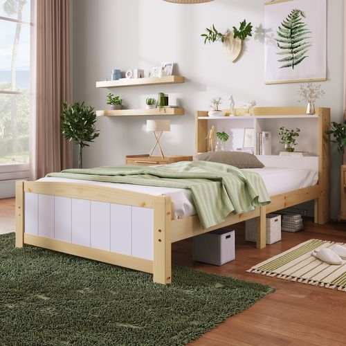 Lit Enfant Lit 90x200 Avec Tête De Lit Rangement, Bois Massif + Mdf, Blanc