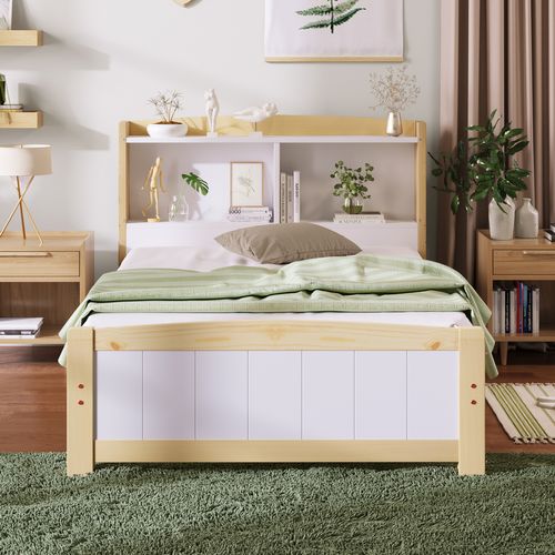 Lit Enfant Lit 90x200 Avec Tête De Lit Rangement, Bois Massif + Mdf, Blanc