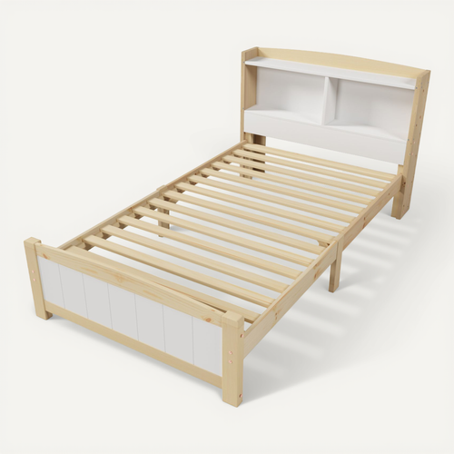 Lit Enfant Lit 90x200 Avec Tête De Lit Rangement, Bois Massif + Mdf, Blanc