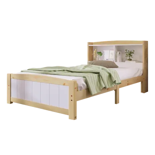 Lit Enfant Lit 90x200 Avec Tête De Lit Rangement, Bois Massif + Mdf, Blanc