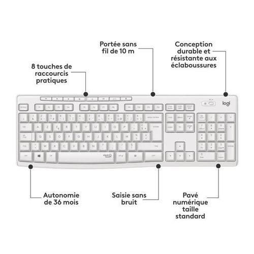 Clavier Mk295 Silent Wireless Combo Clavier Rf Sans Fil Qwerty Français Blanc