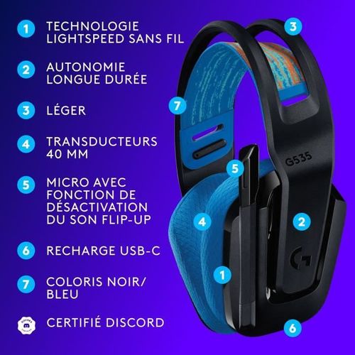 Casque Gamer - Sans Fil - Logitech G - G535 Lightspeed - PC Et Ps5 - Noir/bleu