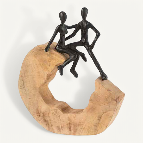 Statuette Déco "couple Assis" 29cm Naturel et Noir