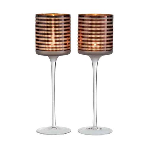 Lot De 2 Photophores Sur Pied "verre Rayé" 30cm Marron