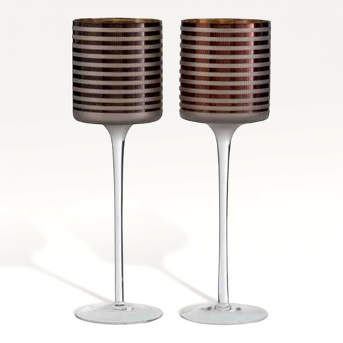 Lot De 2 Photophores Sur Pied "verre Rayé" 30cm Marron