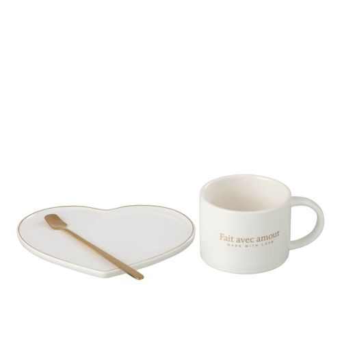 Ensemble Tasse, Sous-tasse et Cuillère "cœur Ii" 42cl Blanc