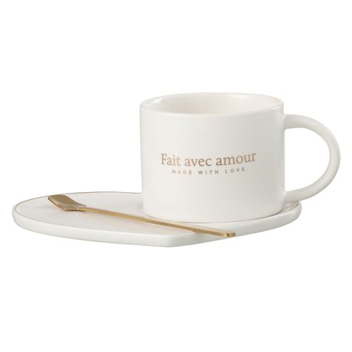 Ensemble Tasse, Sous-tasse et Cuillère "cœur Ii" 42cl Blanc