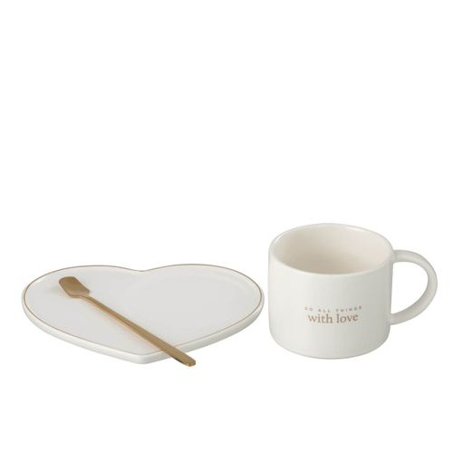 Ensemble Tasse, Sous-tasse et Cuillère "cœur I" 42cl Blanc