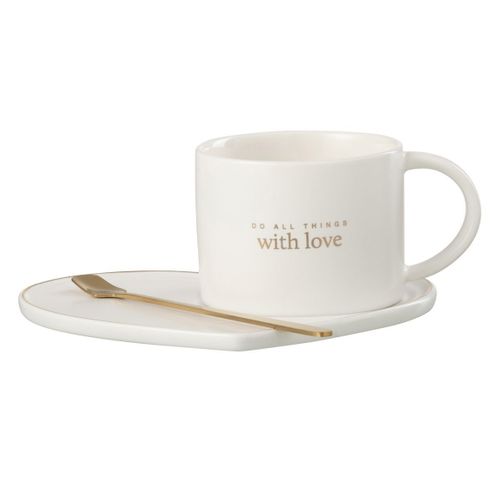 Ensemble Tasse, Sous-tasse et Cuillère "cœur I" 42cl Blanc