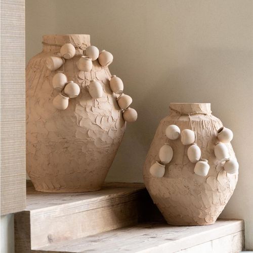 Vase Décoratif Texturé En Papier Mâché - 35x35x45 Cm - Naturel