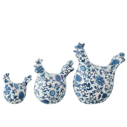 Lot De 3 Statuettes Coq Imprimé "alfredo" 21cm Bleu et Blanc