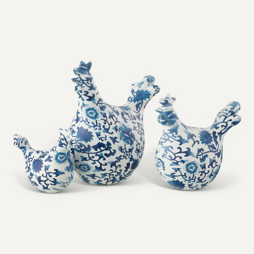 Lot De 3 Statuettes Coq Imprimé "alfredo" 21cm Bleu et Blanc