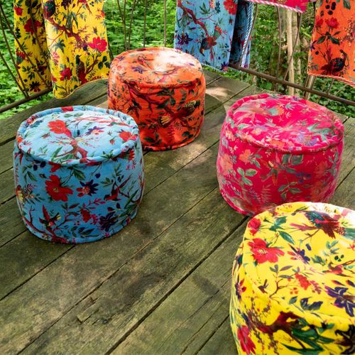 Pouf En Velours "oiseaux Fleurs" 40cm Bleu