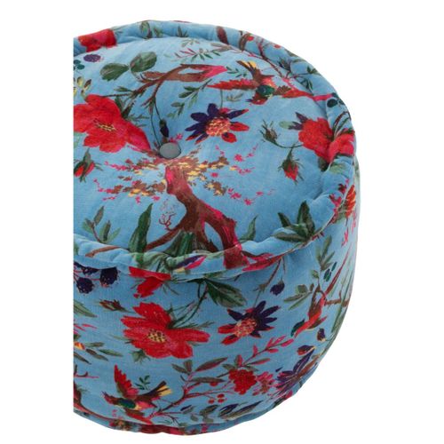 Pouf En Velours "oiseaux Fleurs" 40cm Bleu