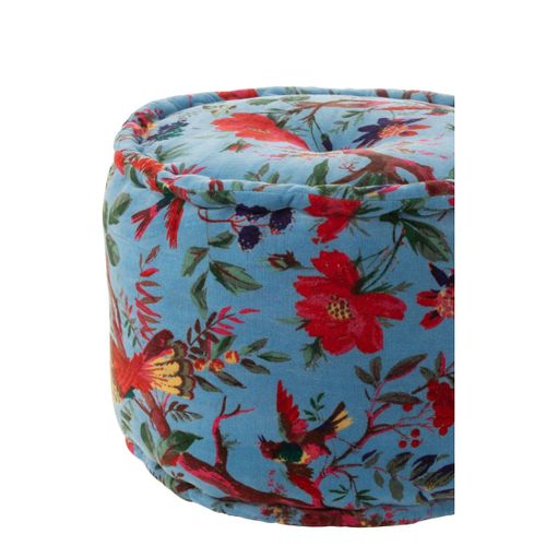 Pouf En Velours "oiseaux Fleurs" 40cm Bleu