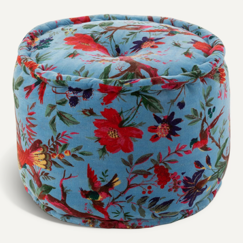 Pouf En Velours "oiseaux Fleurs" 40cm Bleu