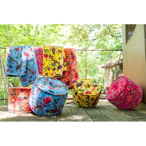 Pouf En Velours "oiseaux Fleurs" 40cm Bleu