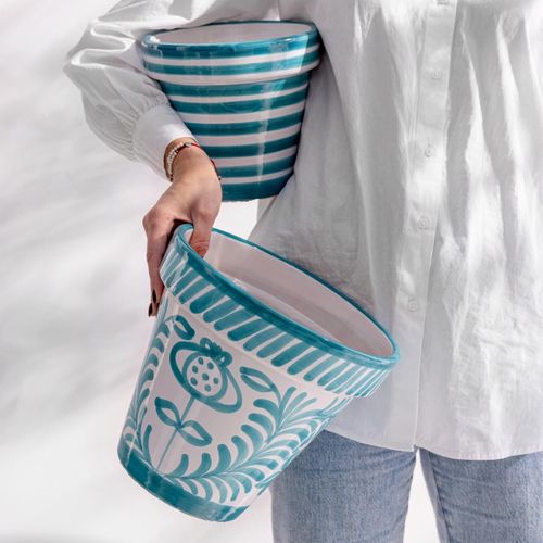 Pot Avec Soucoupe En Céramique "granada" 50cm Bleu Aqua