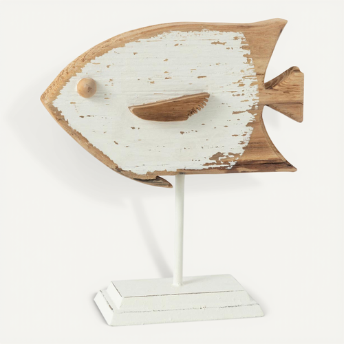 Statuette Poisson Sur Pied "boli" 28cm Naturel et Blanc