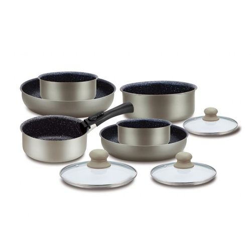 Batterie De Cuisine Revetement Pierre Avec Manche Amovible 10 Pieces Carbon  Hg5000-car