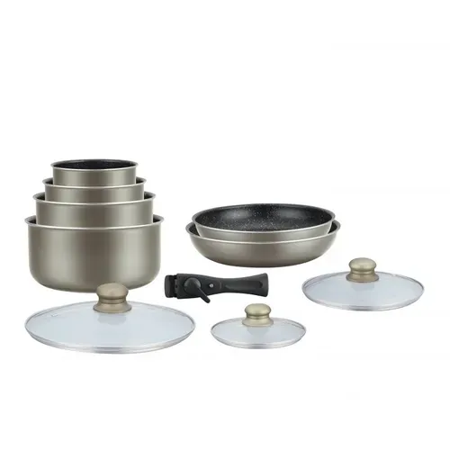 Batterie De Cuisine Revetement Pierre Avec Manche Amovible 10 Pieces Carbon  Hg5000-car