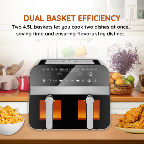 Friteuse à Air Chaud Airfryer Numérique Double Panier Noire 2400w Avec Fenêtre 9l  Cnafd45wb
