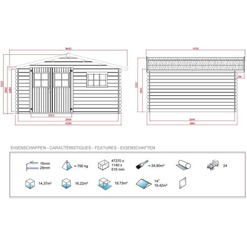 Abri Jardin Bois - 19,72 M² - 4.64 X 4.25 X 2,32 M - 28 Mm