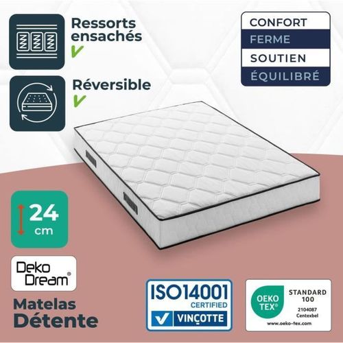 Ensemble Matelas 140 X 190 Cm - 24 Cm Ressorts Ensachés, 7 Zones, Sommier Tapissier