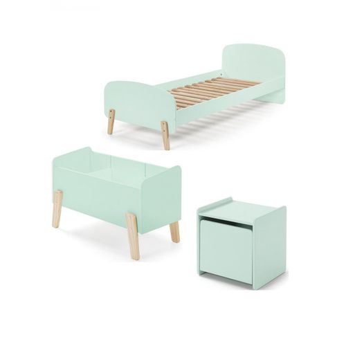 Lit 90x200, Chevet 1 Porte Et Coffre à Jouets Kiddy - Vert Menthe