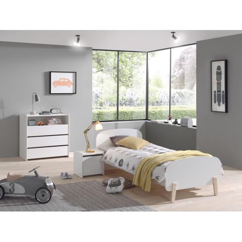 Lit 90x200 - Chevet 1 Porte Et Commode 3 Tiroirs Kiddy - Blanc