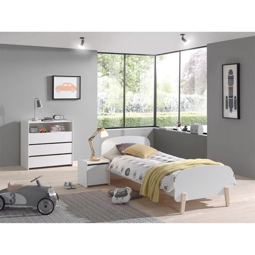 Lit 90x200 - Chevet 1 Porte Et Commode 3 Tiroirs Kiddy - Blanc