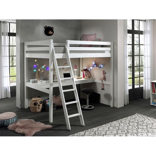 Lit Mezzanine 140x200 Sommier Inclus Et Bureau Pino - Blanc