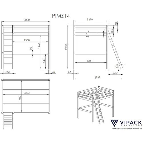 Lit Mezzanine 140x200 Sommier Inclus Et Bureau Pino - Blanc