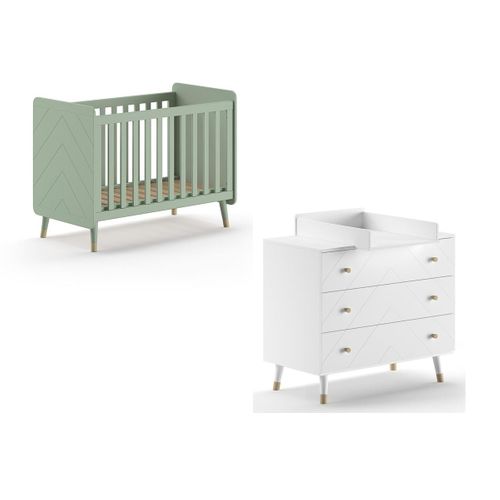 Pack - Lit Bébé, Commode et Plan À Langer "billy" 60x120cm Blanc et Vert