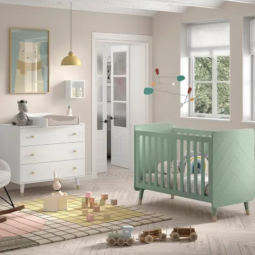Pack - Lit Bébé, Commode et Plan À Langer "billy" 60x120cm Blanc et Vert
