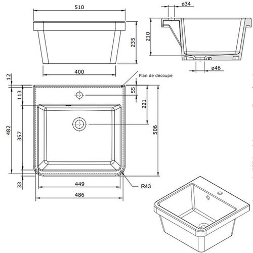 Évier Buanderie Bac à Laver Céramique Blanc Sanindusa Utility 510x500