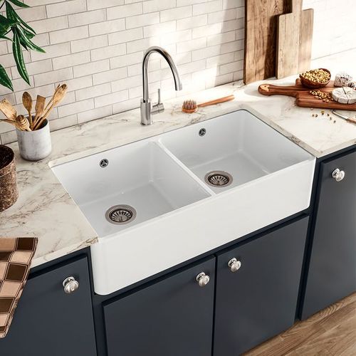 Évier Timbre D'office Céramique Blanc Sanindusa Farmhouse 2 Bacs 895x460