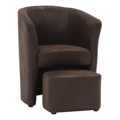 Fauteuil cabriolet et pouf CLAYTON tissu Gobi marron foncé vue 3/4