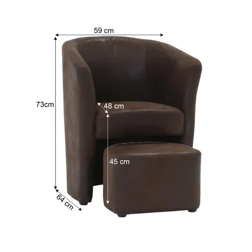 Fauteuil cabriolet et pouf CLAYTON tissu Gobi marron foncé